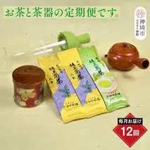 【毎月お届け12回】特上煎茶八重100g2本と季節の茶100g1本(急須付き) 【定期便 九州 お茶 緑茶 急須 フィルターインボトル 定期便】(H047113)