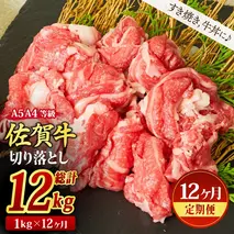 【12回定期便】佐賀牛 切り落とし 1000g（500g×2)（合計12kg）【すき焼き用牛肉 すき焼き用 すき焼き 牛丼 A5 A4 希少 国産和牛 牛肉 肉 牛】(H085196)