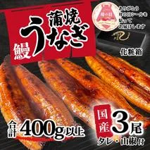 【母の日】【化粧箱】【 訳アリ 】 国産うなぎ 蒲焼き 3尾 セット ( 400g ) 大きさ の不揃い タレ・山椒付き ウナギ 鰻 ふぞろい 不揃い うな重 ひつまぶし 人気 茨城 八千代町 ふるさと納税 冷凍 ギフト 化粧箱 母の日