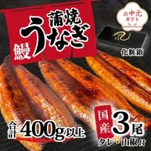【お中元】【化粧箱】【 訳アリ 】 国産うなぎ 蒲焼き 3尾 セット ( 400g ) 大きさ の不揃い タレ・山椒付き ウナギ 鰻 ふぞろい 不揃い うな重 ひつまぶし 人気 茨城 八千代町 ふるさと納税 冷凍 ギフト 化粧箱 お中元 中元 熨斗