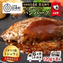 【定期便 6カ月】北海道 白老産 自家製 黒毛和牛 手ごね ハンバーグ 8枚セット
