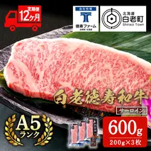 【定期便12カ月】 白老牛 サーロイン ステーキ 200ｇ×3枚 特製ソース付き 和牛 牛肉 ギフト 北海道 ＜徳寿＞