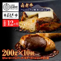 定期便12カ月 お楽しみ 白老牛 2種 食べ比べ ハンバーグ セット 合計10個 モッツァレラ ベーコン 網脂 特製ソース 手造り BY108