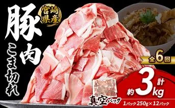 定期便 6回お届け 宮崎県産 いもこ豚 小間切れ 3kg (250g×12パック) 真空パック 小分け 豚肉 えびの市