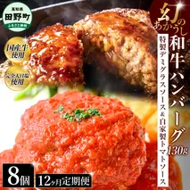 幻のあかうし和牛ハンバーグ 8個入り 12ヶ月定期便 1個130g 特製デミソース トマトソース付き 田野屋青蜂 白鯆 完全天日塩練り込み 肉 お肉 国産牛 おかず おいしい お取り寄せ 冷凍 配送 高知県 田野町