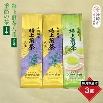 【毎月お届け3回】特上煎茶八重2本と季節のお茶1本(合計100g×3本)【田中茶舗 銘茶問屋 特上煎茶 八重 100g サエミドリ 甘い口当たり うま味 渋み 深み 九州】(H047119)