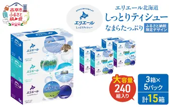 エリエール ハーフサイズ 収納に便利 コンパクト 少量5パック 北海道 しっとりティシュー なまらたっぷり 240組3箱 5パック 計15箱 ふるさと納税限定デザイン ボックスティシュー 箱ティッシュ ペーパー 備蓄品