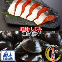 朝食セット 天然紅鮭切り身 5切と網走湖のしじみ貝 1kg  ABE114