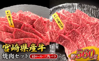 宮崎県産 黒牛 焼肉 赤身 牛肉 焼肉セット 肩ロース 三角バラ 2点盛り 560g(280g × 2パック)焼肉用 肉 お肉 牛 国産牛 食べ比べ セット 小分け 真空パック コスパ 冷凍 贈答 贈答用 ギフト BBQ アウトドア キャンプ 人気 国産 国産牛 九州 宮崎県 えびの市 送料無料