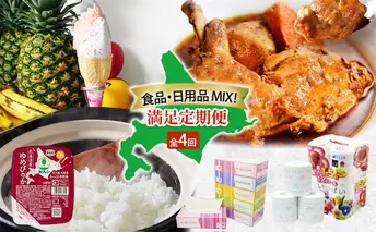 食品 日用品 MIX 満足 定期便 全4回　アイス 詰め合わせ 自家製 スイーツ ジェラート ゆめぴりか パックごはん チキンレッグスープカレー チキンカレー スープカレー トイレットペーパー ボックスティッシュ 防災 常備品 日用雑貨 消耗品 北海道
