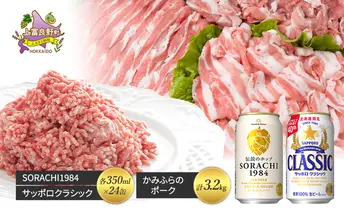 北海道 上富良野 ビール SORACHI1984 サッポロ クラシック 飲み比べ 各350ml×24缶 かみふらのポーク 満喫 セット豚肉 切り落とし 小間切れ バラ スライス ひき肉
