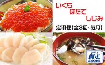 【定期便】全3回（毎月）いくら ホタテ しじみ オホーツク 味覚 いくら醤油漬 帆立 ほたて 刺身 冷凍 しじみ 北海道 網走産 バター焼き フライ ごはん お取り寄せ 海鮮 ギフト 網走市 ※着日指定不可※一部地域を除く