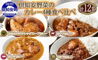 北海道 倶知安 カレー 4種 食べ比べ 各3個 計12個 中辛 スープカレー ビーフカレー ポークカレー 牛すじカレー じゃがいも 牛肉 豚肉 鶏 チキン 業務用 レトルトカレー