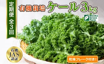 北海道 定期便 3ヵ月連続3回 北海道 有機栽培 ケール 1kg 乾燥フレーク付 オーガニック 有機野菜 緑黄色野菜 JAS 冷蔵 産直 産地直送 国産 ニセコグリーンファーム 送料無料