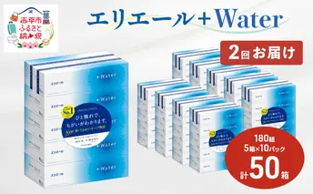 【2回お届け・計100箱】エリエール ＋Water 180組 5箱×10パック ティッシュペーパー 箱ティッシュ ボックスティッシュ 日用品 消耗品 保湿成分配合 やわらか 定期便 福祉用品 雑貨 