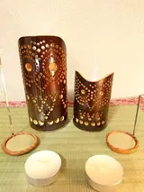 竹製キャンドルホルダー フクロウセットＦ-1 (表皮焦がしタイプ)／癒し 竹あかり おうち時間 キャンプ