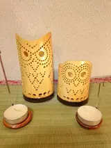 竹製キャンドルホルダー フクロウセットＦ-2 (表皮剥ぎタイプ)／癒し 竹あかり おうち時間 キャンプ