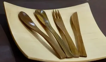 木製 デザートカトラリー ４本セット／津田瑞苑 ガラスコーティング スプーン ヨーグルト用スプーン フォーク ナイフ リグナムバイタ