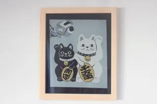 木製額 ねこ 41cm×49cm×3cm／sora sora ひのき 桧 手作り フレーム 額 布製生地入り 奈良県 宇陀市