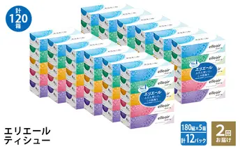 2回お届け 計120箱 エリエール ティシュー 180組5箱 12パック ティッシュペーパー 箱ティッシュ ボックスティッシュ 紙 まとめ買い 防災 常備品 備蓄品 消耗品 日用品 生活必需品 送料無料 赤平市 ストック 