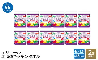 2回お届け 計96ロール エリエール 北海道 キッチンタオル 50カット4R 12パック パルプ100% 吸収 キッチンペーパー まとめ買い 防災 常備品 備蓄品 消耗品 日用品 生活必需品 送料無料 赤平市 キッチン用品 