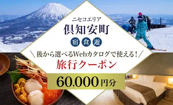 【北海道ツアー】ニセコ 倶知安町 後から選べる旅行Webカタログで使える！ 旅行クーポン（60,000円分） 旅行券 宿泊券 飲食券 体験サービス券 温泉 お食事券 チケット スキーチケット 