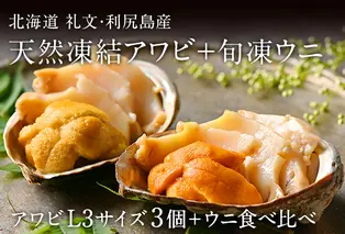 礼文島産　凍結島アワビLサイズ3個 旬凍うに食べ比べセット 魚貝類 瞬間冷凍 旬の味 獲れたての味 磯の香り キタムラサキウニ バフンウニ 贈り物 