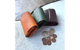 本革 三つ折りミニ財布 シボ入り栃木レザー　キャメル