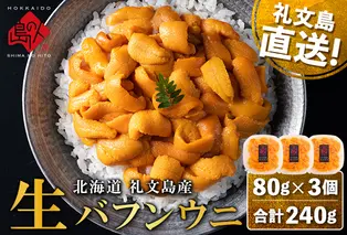 【日時指定不在日対応不可】北海道礼文島産 産地直送 鮮度抜群 塩水生エゾバフンウニ 240g（80g×3パック）