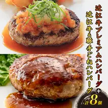 近江牛 プレミアムハンバーグ + 近江牛＆豚手ごねハンバーグ セット（各4個、合計8個) 各4個 8個 冷凍 急速冷凍 ギフト 個包装 湯煎 ステーキソース 滋賀県 湖南市