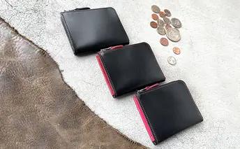 革財布 本革 L字ファスナー ミニ財布 イタリアンレザー ブラックビューティー 美濃市 オールブラック糸ブラック