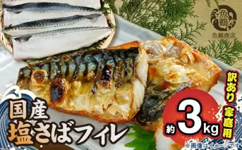 G7352_国産塩さばフィレ3kg （1.5kg×2箱）（訳あり・ご家庭用） 食べやすい 切り身 おかず 時短 タイパ 焼くだけ 簡単 ご家庭用 弁当 切身 水産加工品 さば 魚 魚介 海鮮 海の幸 海産物 魚鶴 冷凍 和歌山県 湯浅町 お取り寄せ 送料無料