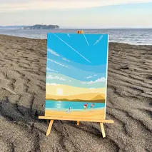 湘南・茅ヶ崎で描く、海を感じるイラストアート 『 湘南ランドスケープ02：ひこうき雲 』　キャンバスアートパネル（中） /絵画 風景 犬 猫