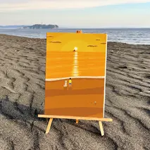 湘南・茅ヶ崎で描く、海を感じるイラストアート 『 湘南ランドスケープ07：夕焼け、光の道 』　キャンバスアートパネル（中） /絵画 風景 犬 猫