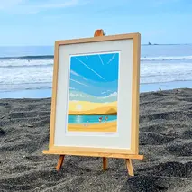 湘南・茅ヶ崎で描く、海を感じるイラストアート 『 湘南ランドスケープ02：ひこうき雲 』 ジークレーアートフレーム （小/木地仕上げ）/ 絵画 風景 版画 