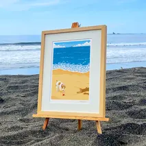 湘南・茅ヶ崎で描く、海を感じるイラストアート 『 湘南ランドスケープ04：渚の遭遇 』 ジークレーアートフレーム （小/木地仕上げ） /絵画 風景 版画 