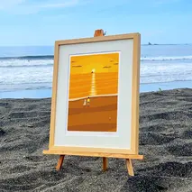 湘南・茅ヶ崎で描く、海を感じるイラストアート 『 湘南ランドスケープ07：夕焼け、光の道 』 ジークレーアートフレーム （小/セピアカラー） /絵画 風景 版画 