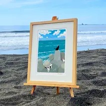 湘南・茅ヶ崎で描く、海を感じるイラストアート 『 湘南ランドスケープ10：午後の集会、俺たちの海 』 ジークレーアートフレーム （小/セピアカラー） /絵画 風景 版画