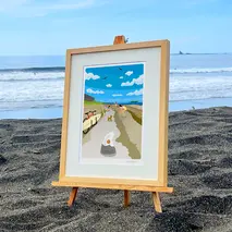 湘南・茅ヶ崎で描く、海を感じるイラストアート 『 湘南ランドスケープ12：茅ヶ崎から江ノ島へ、湘南サイクリングロード 』 ジークレーアートフレーム （小/セピアカラー） /絵画 風景 版画 