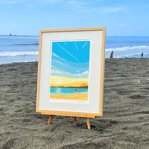 湘南・茅ヶ崎で描く、海を感じるイラストアート 『 湘南ランドスケープ02：ひこうき雲 』 ジークレーアートフレーム （大/セピアカラー） /絵画 風景 版画 