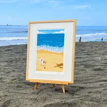 湘南・茅ヶ崎で描く、海を感じるイラストアート 『 湘南ランドスケープ04：渚の遭遇 』 ジークレーアートフレーム （大/木地仕上げ）/絵画 風景 版画 