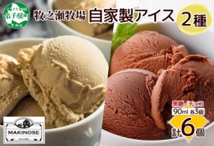 3225. 牧之瀬牧場 自家製アイス 2種 黒糖 チョコ 各3個 計6個  生乳 牛乳 フレーバー 牧場 デザート 手作り セット  スイーツ 冷凍 送料無料 北海道 弟子屈町