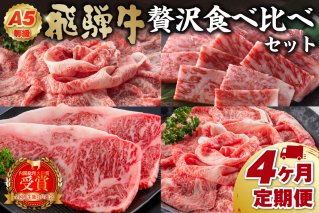 A5等級 飛騨牛贅沢食べ比べセット 定期便 ※4回に分けてのお届けとなります。（サーロインステーキ680ｇ・ロースすき焼き用750ｇ・ロースしゃぶしゃぶ用750ｇ・ロース焼肉用750ｇ）【0016-084】