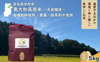 天真爛漫 奥大和高原米 ＜令和7年産 玄米 5kg＞ ／ ふるさと納税 無農薬 米 お米 こめ コメ 国産 新米 玄米 一等米 農家やまおか 有機肥料使用 農薬不使用 除草剤不使用 奈良県 宇陀