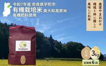 【毎月定期便6回】有機栽培米 令和7年産 玄米 奥大和高原米3kg／ ふるさと納税 無農薬 米 お米 こめ コメ 国産 新米 玄米 農家やまおか 奈良県 宇陀市