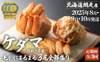 『定期便 全3回』ケダマ≪毛がにまるまる1尾全部盛り×3尾入≫【2025年8月・9月・10月発送】＜網走産＞ ABAH025