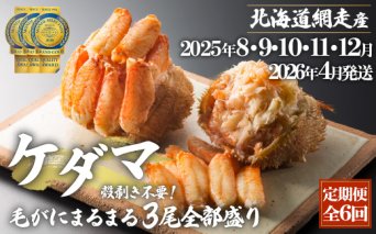 『定期便 全6回』ケダマ≪毛がにまるまる1尾全部盛り×3尾入≫【2025年8・9・10・11・12・2026年4月発送】＜網走産＞ ABAH031