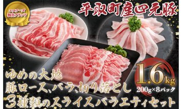 【平取町産四元豚】ゆめの大地豚ロース、バラ、切り落とし3種類のスライス　バラエティセット　200g×8パック計1.6ｋｇ BRTD010