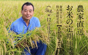F80-010 【定期便】(12ヶ月連続お届け)  平石食品直送 お米の定期便 さがびより(5kg X 12回)　毎月発送コース  農家直送