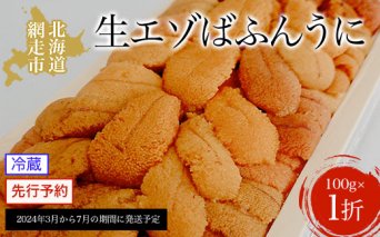 【先行予約】網走産 生エゾばふんうに 冷蔵100g×1折（2024年3月から7月の期間に発送予定）  ABC005